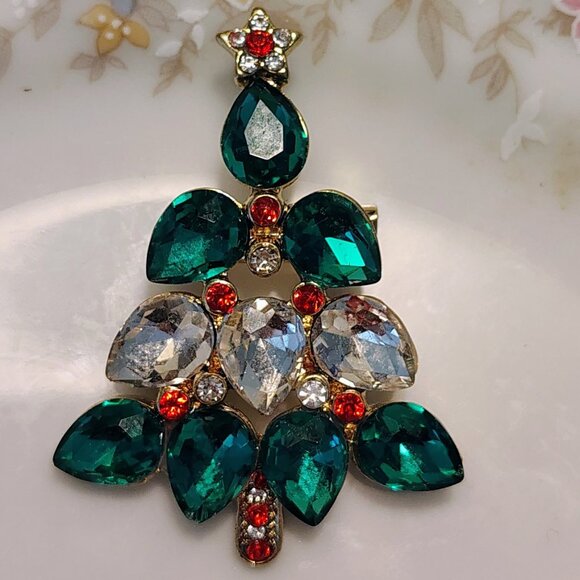 Vtg MCM Unsigned Standing Glass Teardrop Rhinestone Christmas Tree Brooch - Picture 4 of 4